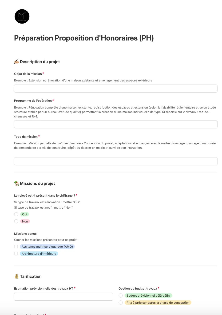 Formulaire proposition d'honoraires