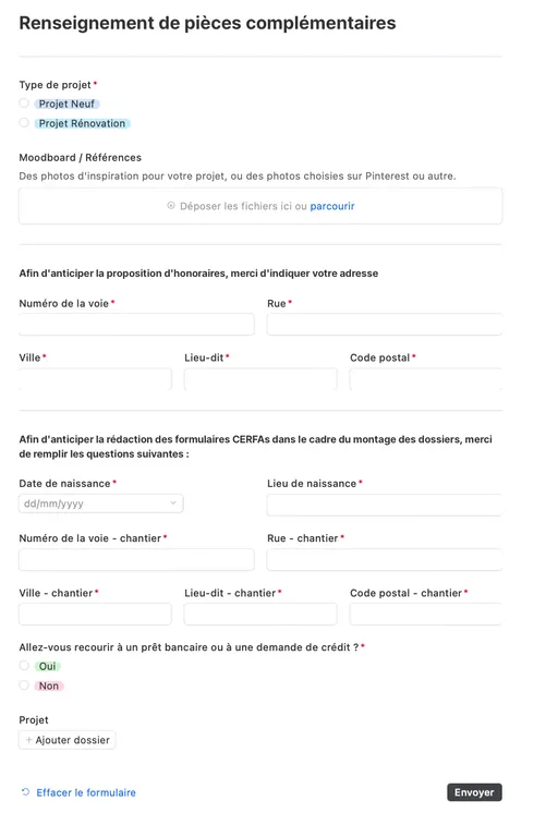 Formulaire pièces complémentaires