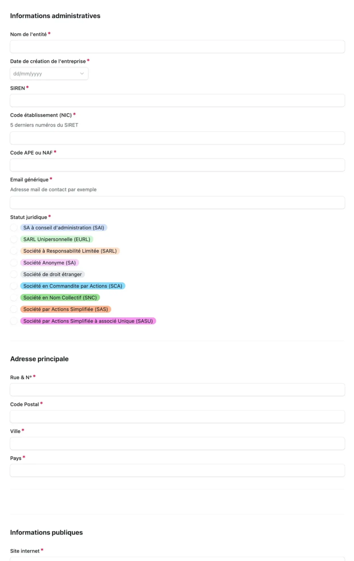 Formulaire d'informations administratives pour l'adhésion