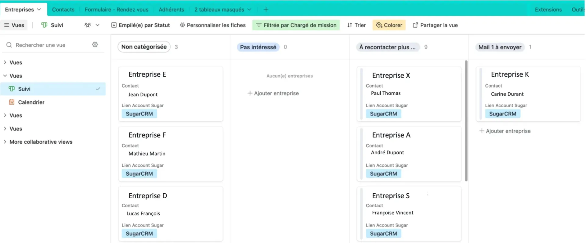 Pipeline de suivi commercial sur Airtable avec statuts
