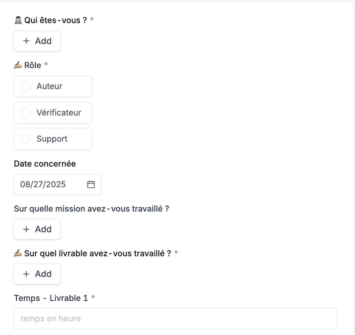 Formulaire Fillout de suivi du temps