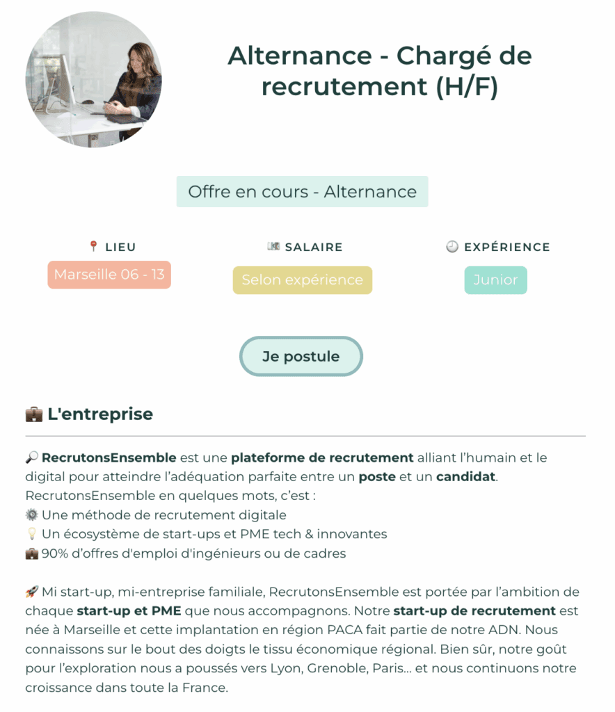 Page d'offre d'emploi RecrutonsEnsemble